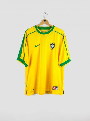 Maillot Brésil 1998 domicile jaune – édition vintage inspirée de Ronaldo et Rivaldo, coupe du monde France 98.