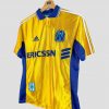 Maillot rétro Olympique de Marseille 1998-1999, design unique jaune et bleu, col polo Adidas.