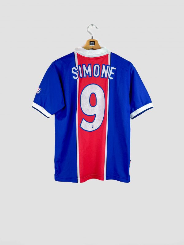 Maillot de football vintage PSG domicile saison 1997-1998 floqué Marco Simone numéro 9.