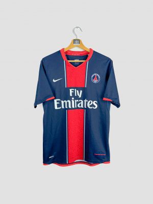 Maillot PSG 2007-2008 vintage domicile bleu avec bande rouge et sponsor Fly Emirates