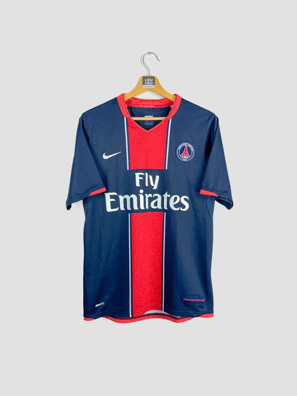 Maillot PSG 2007-2008 vintage domicile bleu avec bande rouge et sponsor Fly Emirates